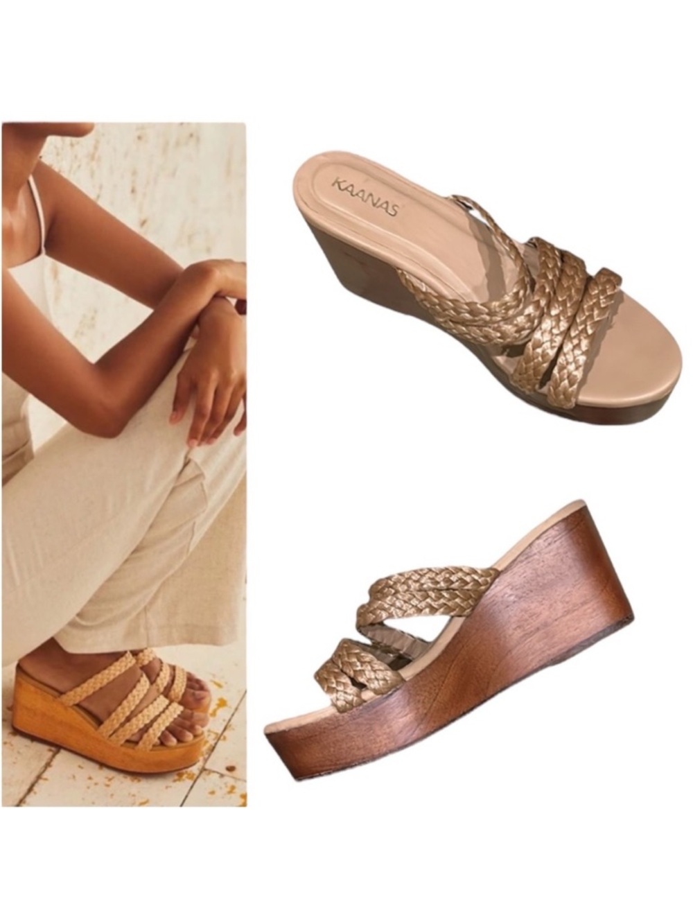 Kaanas Providencia Raffia Straw Strappy Wood Wedge Platform Sandals - 9